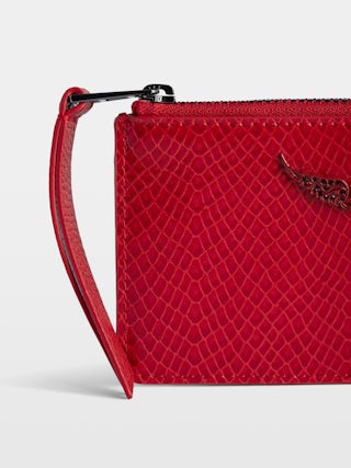 ZV Card Glossy Wild Embossed Card Holder - Glossy python-effect leather card holder with wing charm.