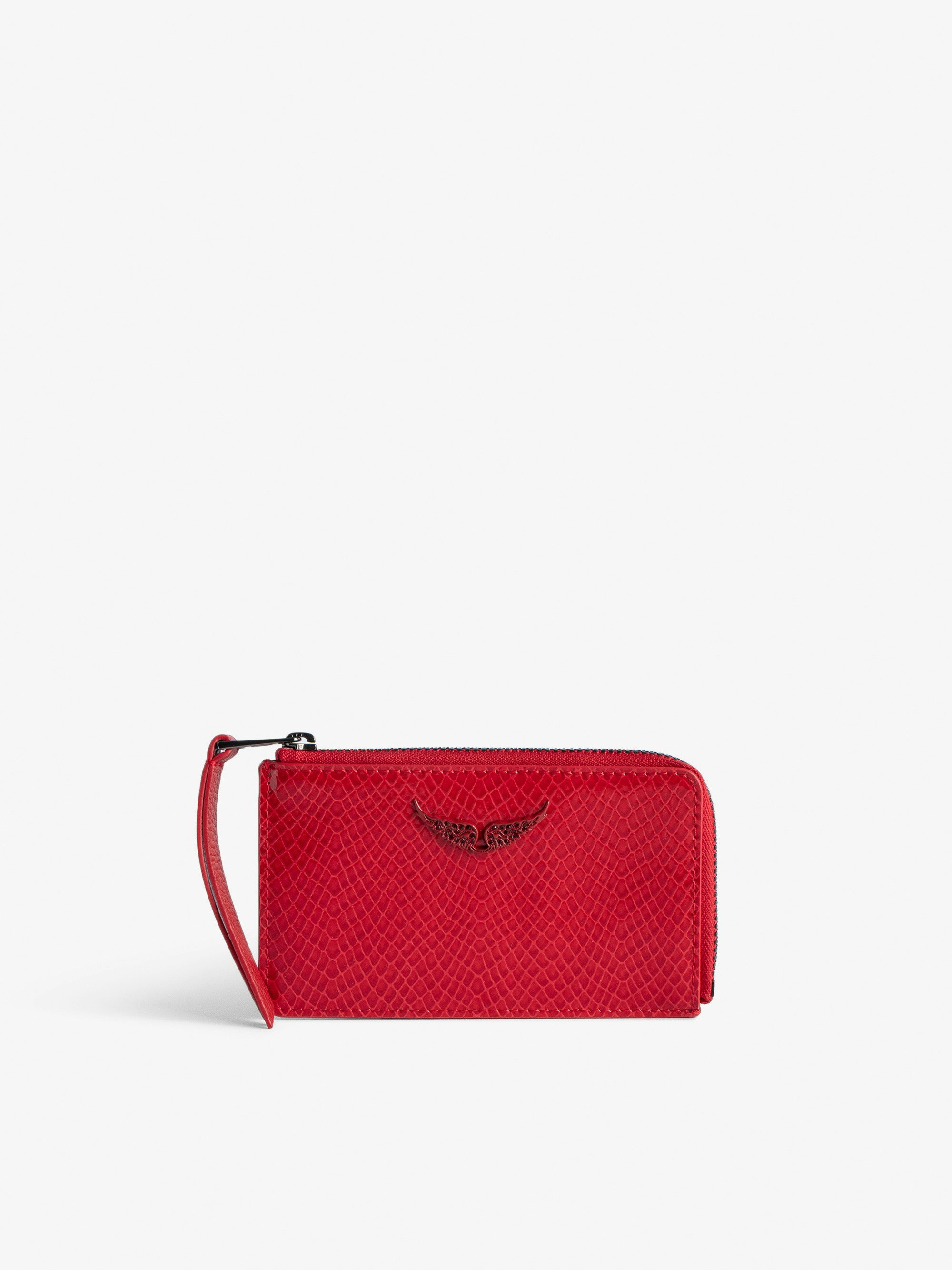 ZV Card Embossed Card Holder - Women’s red python-effect patent leather card holder with wings charm.