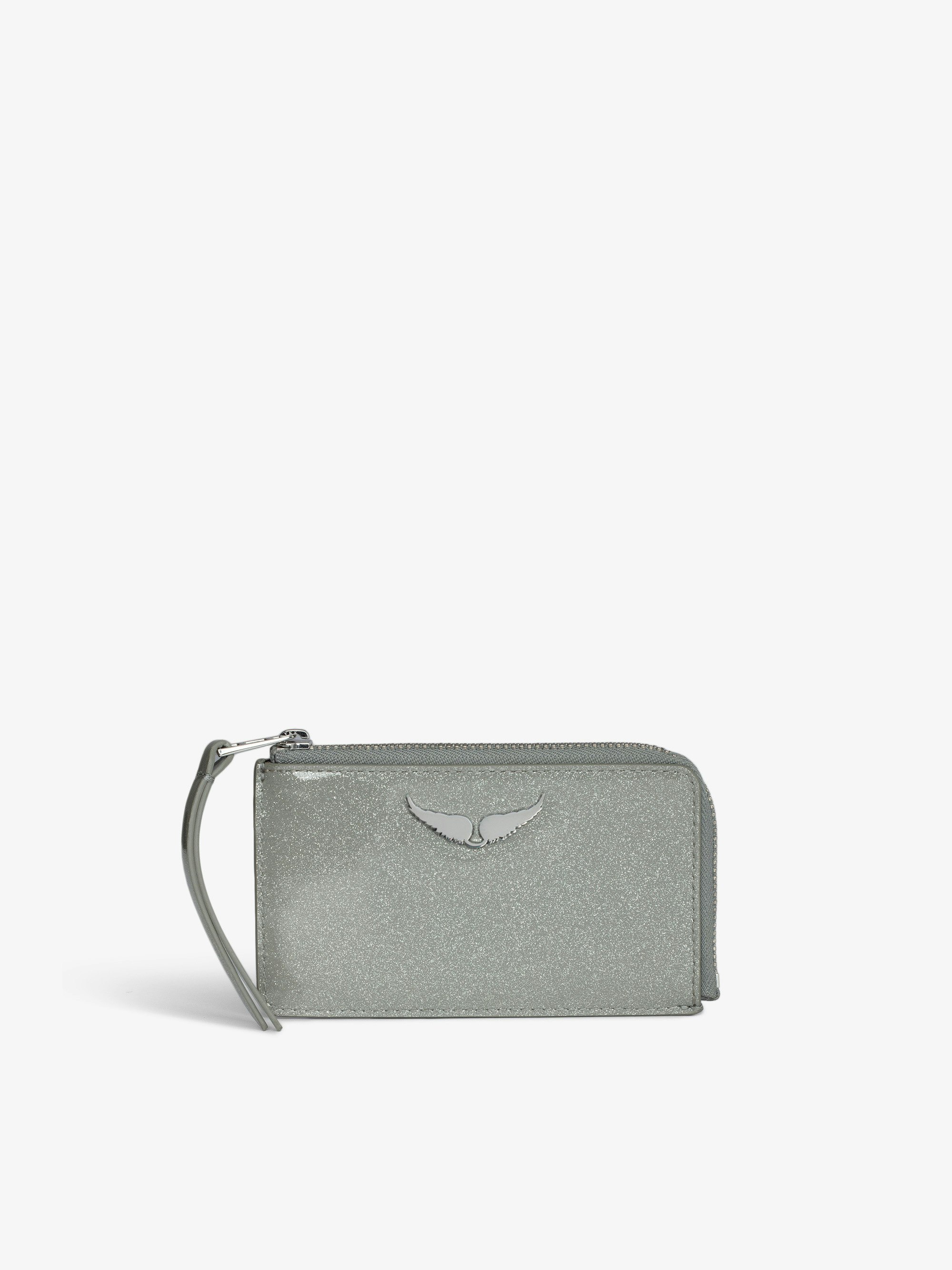 ZV Card  Infinity Patent Card Holder - Silver glitter patent leather card holder with wings charm.