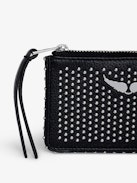 ZV Card Dotted Swiss Card Holder - Women’s black grained leather card holder with studs, piping and wings charm.