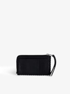 ZV Card Dotted Swiss Card Holder - Women’s black grained leather card holder with studs, piping and wings charm.