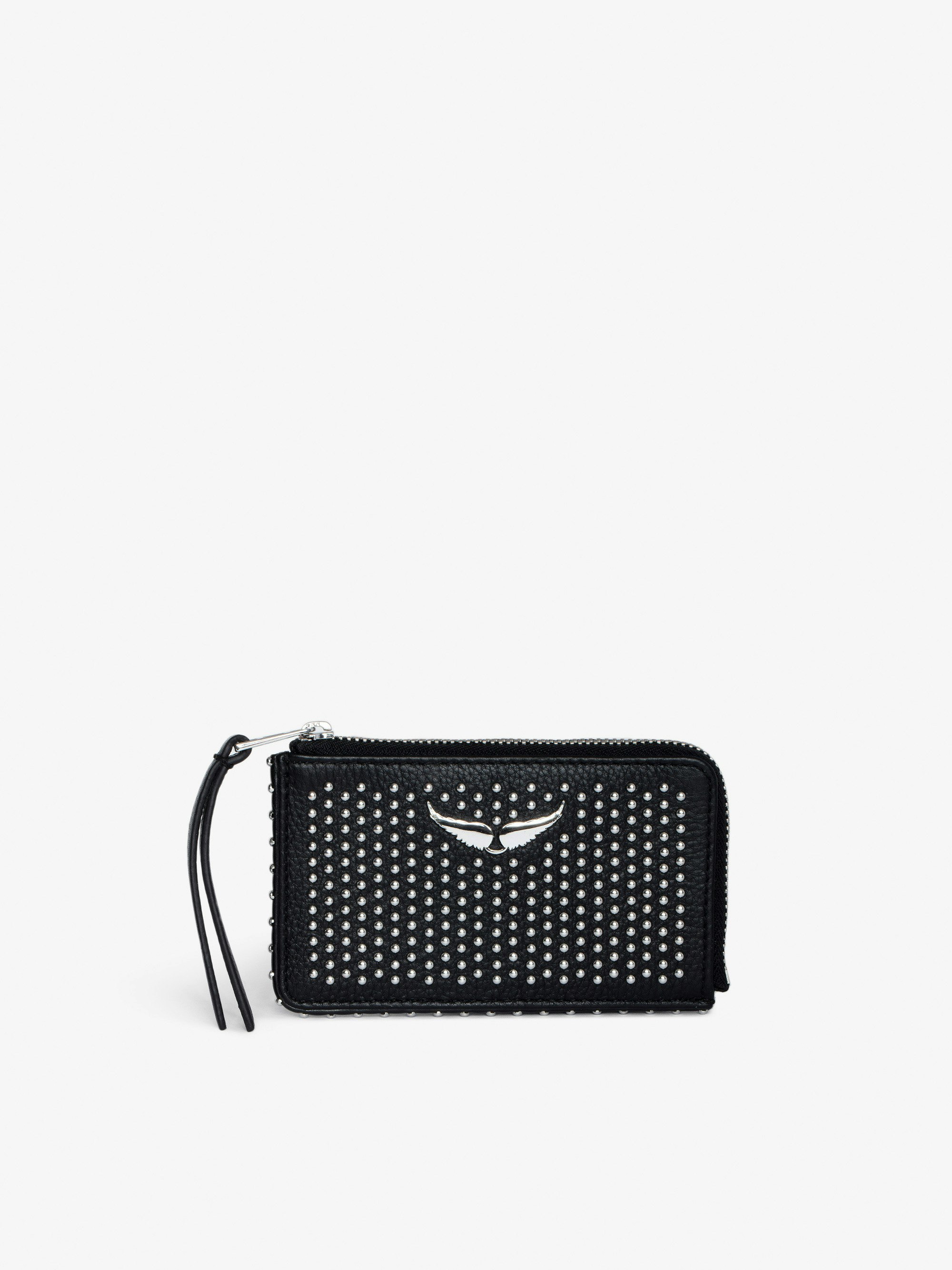 ZV Card Dotted Swiss Card Holder - Women’s black grained leather card holder with studs, piping and wings charm.