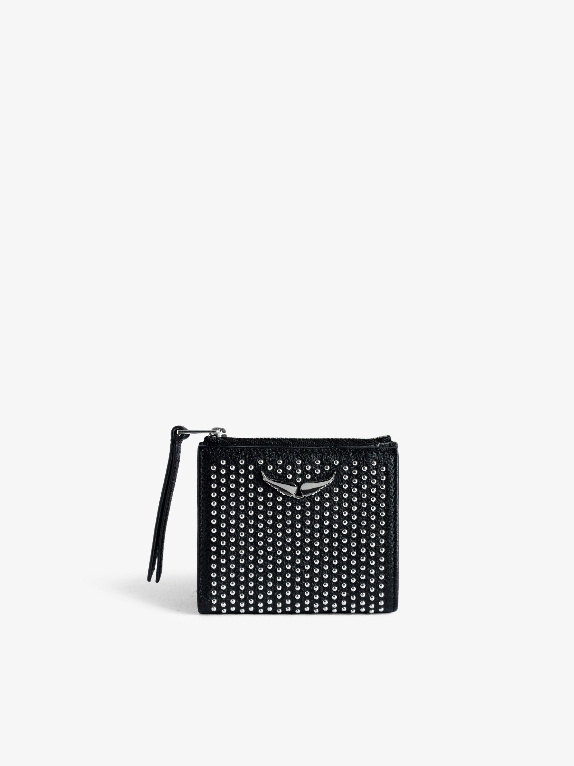 ZV Fold Dotted Swiss Coin Purse - Women’s black grained leather coin purse with studs and wings charm.