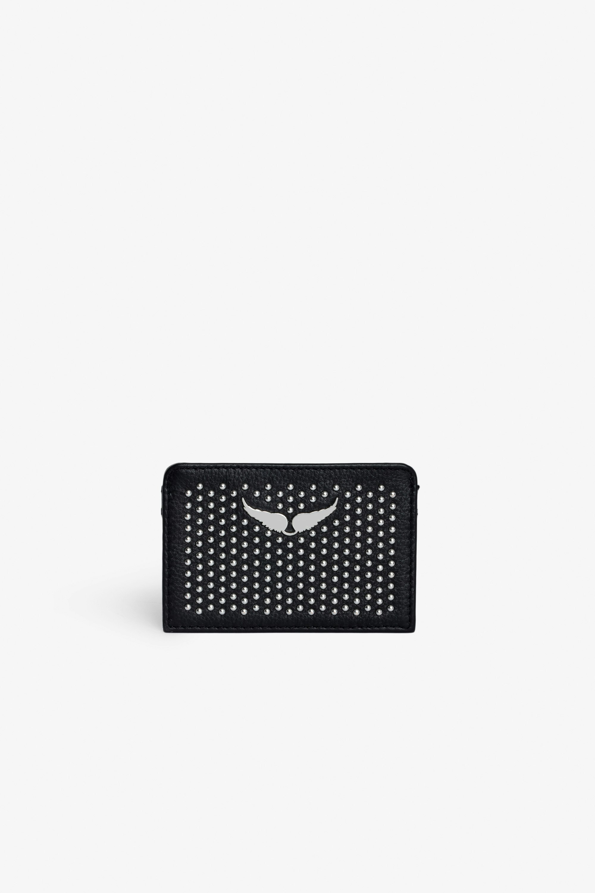 ZV Pass Dotted Swiss Card Holder - Women’s black grained leather card holder with studs and wings charm.
