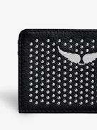 ZV Pass Dotted Swiss Card Holder - Women’s black grained leather card holder with studs and wings charm.