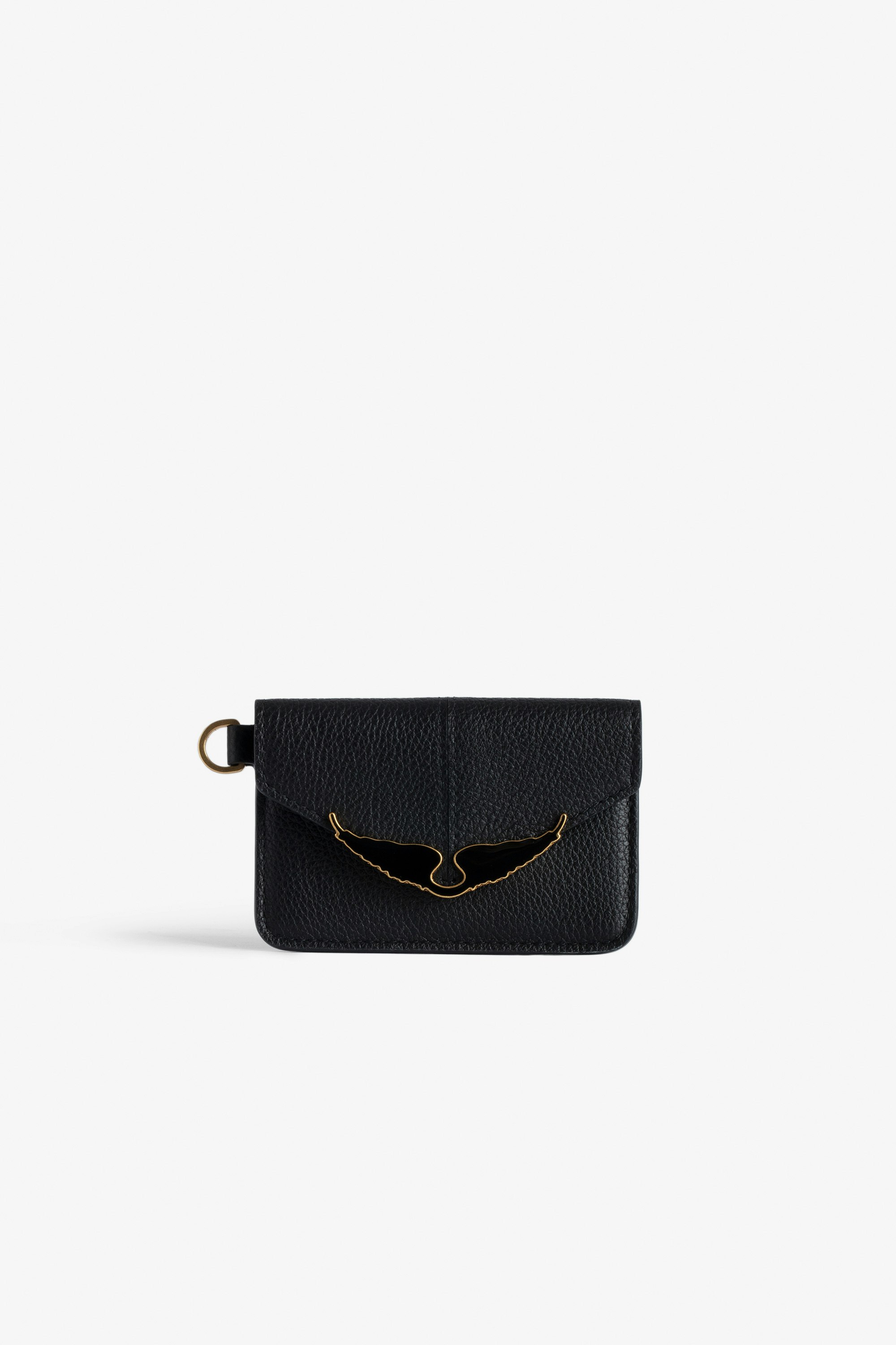 Borderline Pass Card Case Women’s black grained patent leather envelope card holder with wings charm.