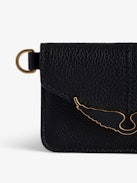 Borderline Pass Card Case - Women’s black grained patent leather envelope card holder with wings charm.
