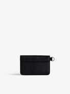 Borderline Pass Card Case - Women’s black grained patent leather envelope card holder with wings charm.