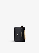 Borderline Pass Card Case - Women’s black grained patent leather envelope card holder with wings charm.