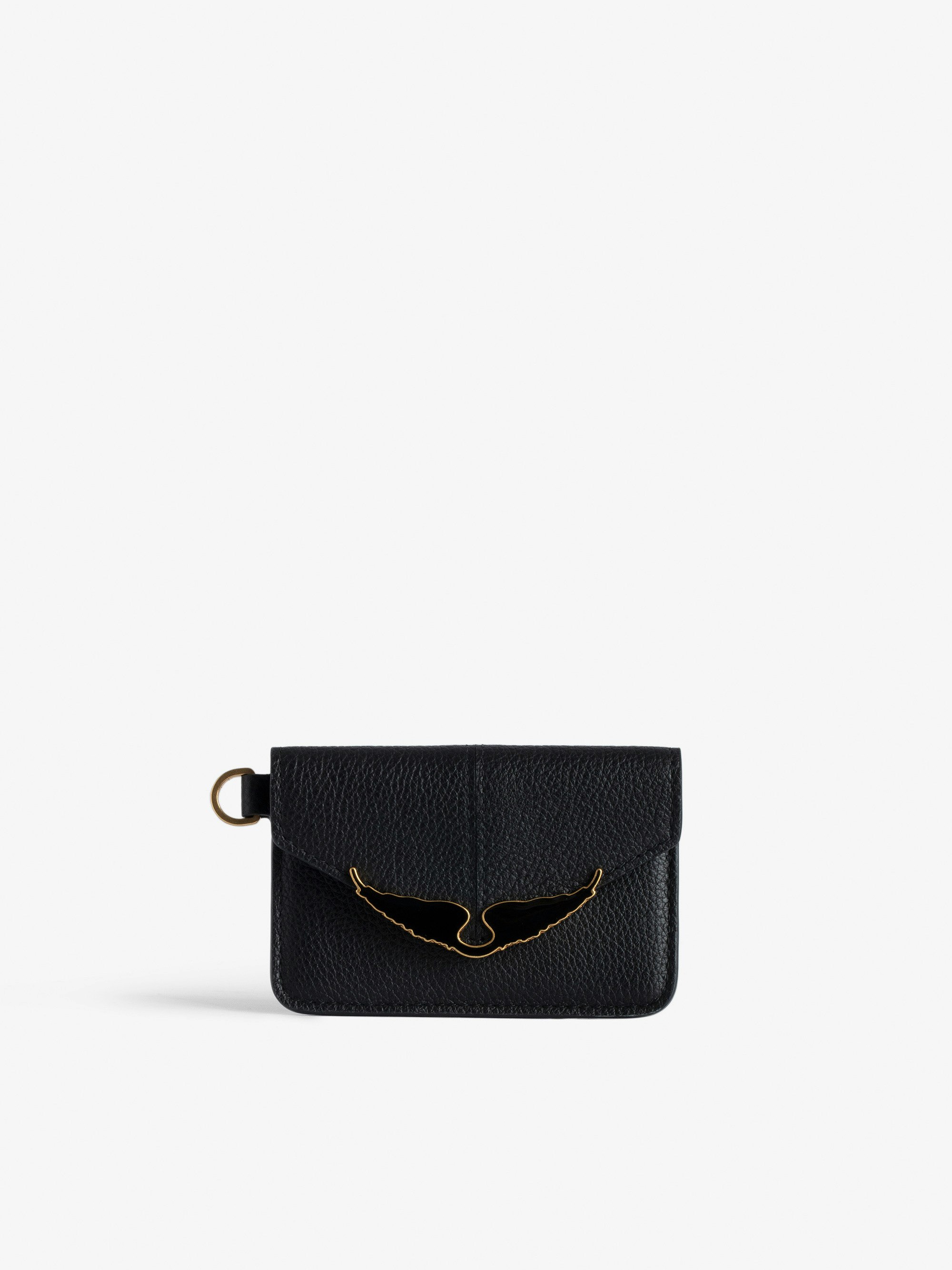 Borderline Pass Card Case - Women’s black grained patent leather envelope card holder with wings charm.