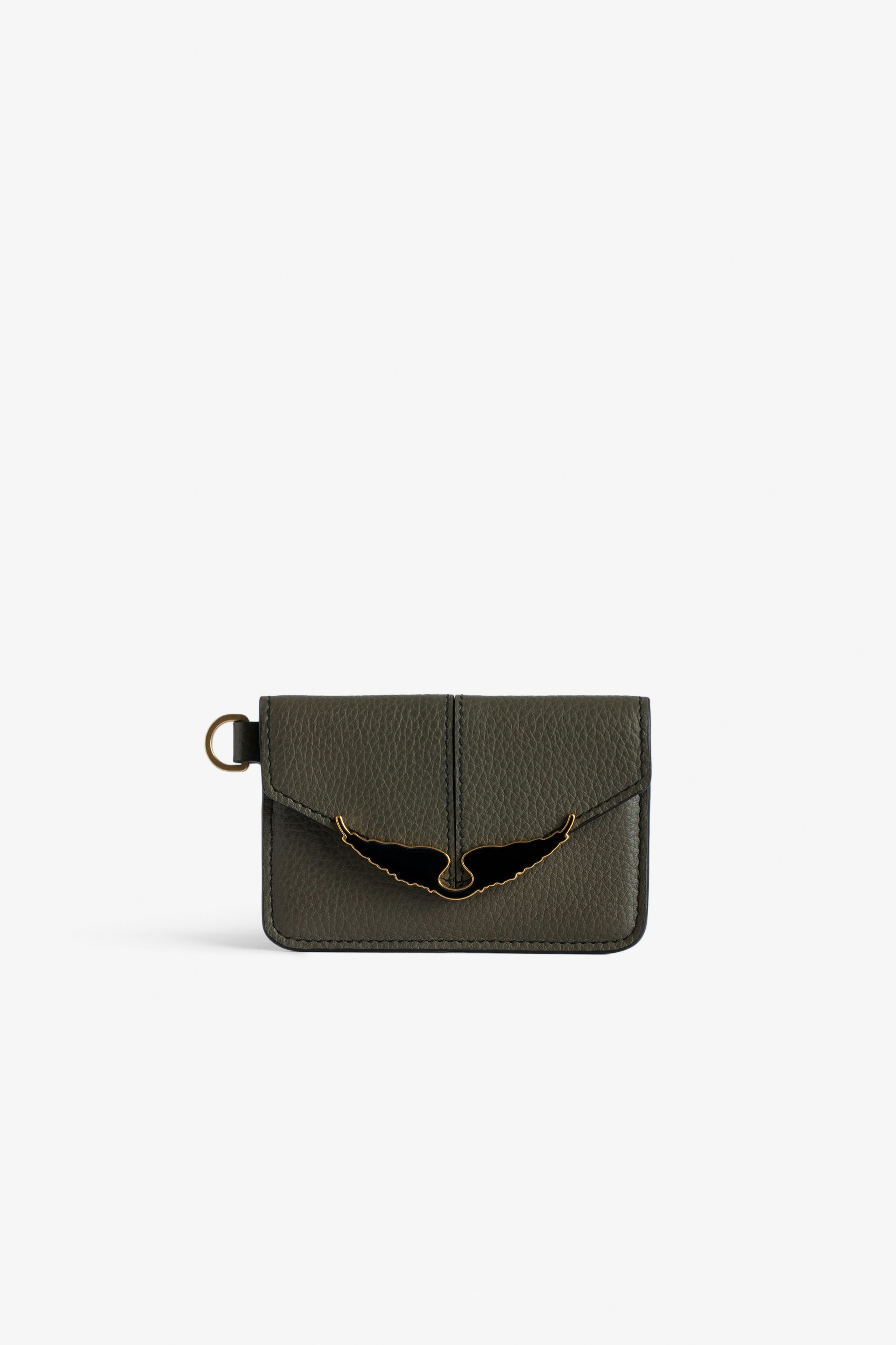 Borderline Pass Card Case Women’s khaki grained patent leather envelope card holder with wings charm.