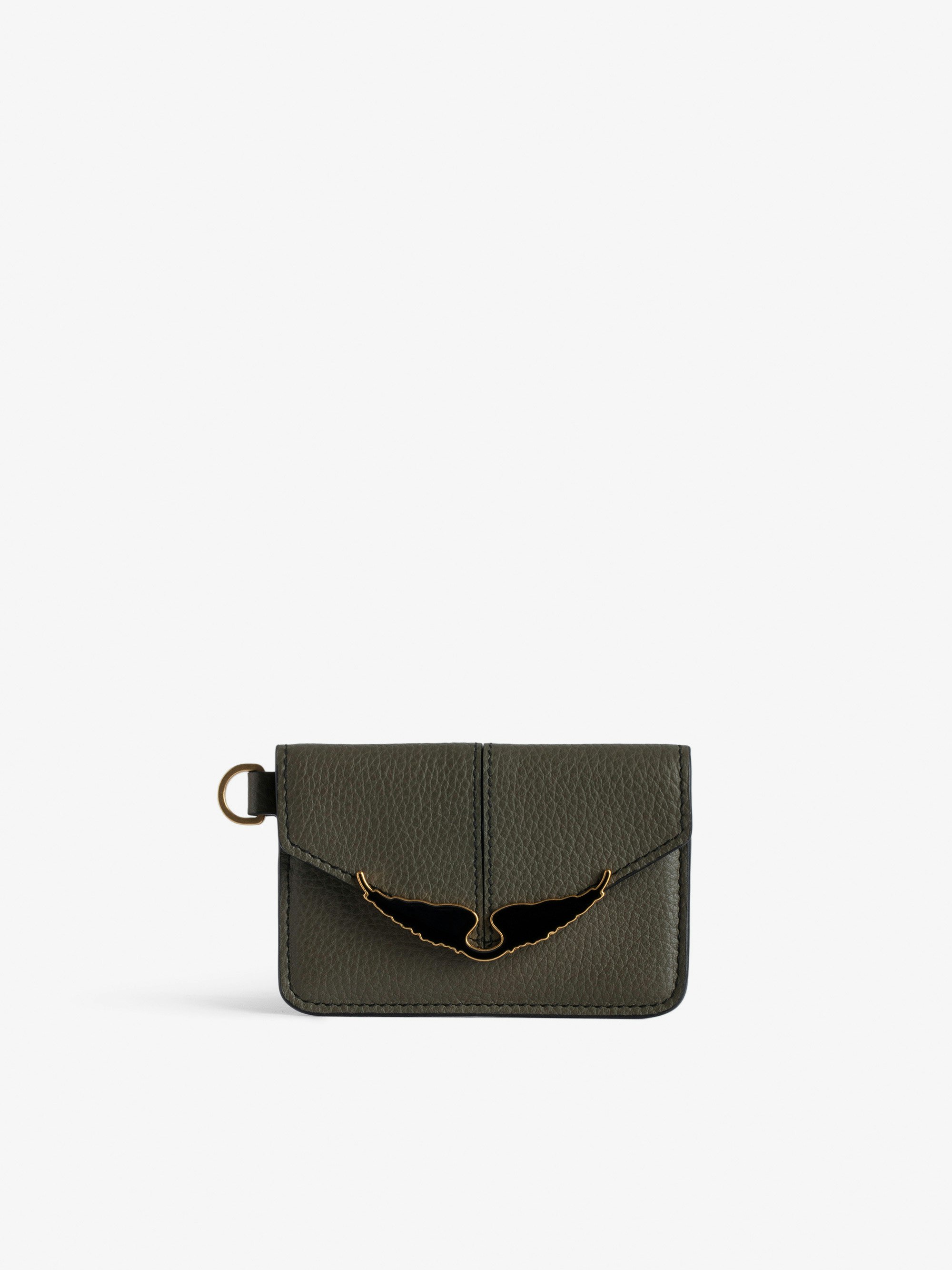 Borderline Pass Card Case - Women’s khaki grained patent leather envelope card holder with wings charm.