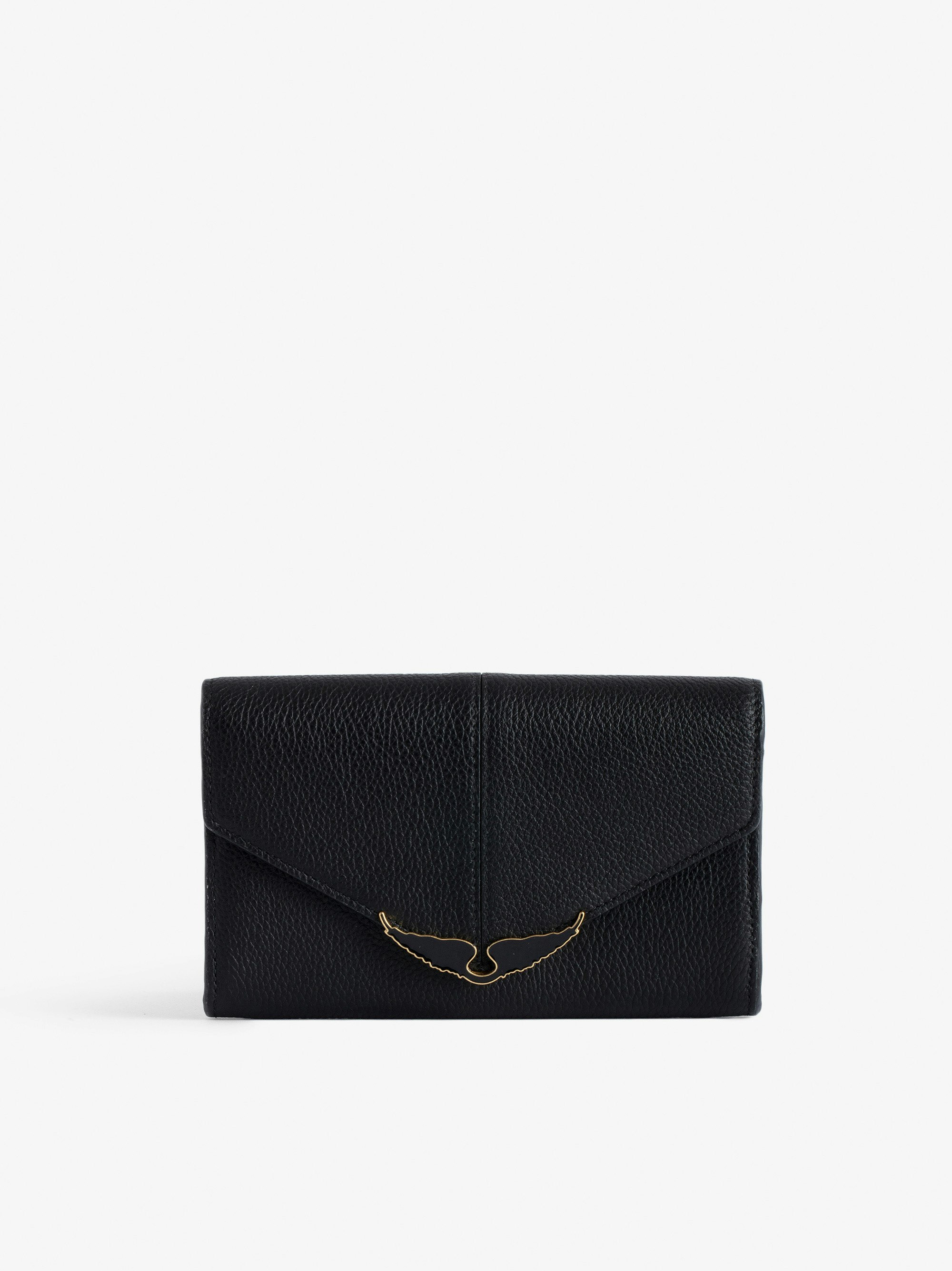 Brieftasche Borderline - Schwarze Brieftasche aus genarbtem Lackleder mit Flügel-Charm für Damen.