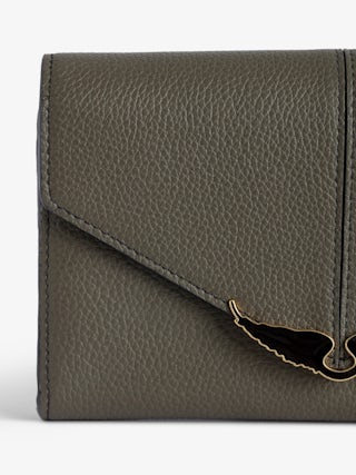 Portefeuille Borderline - Portefeuille en cuir grainé vernis kaki à charm ailes.