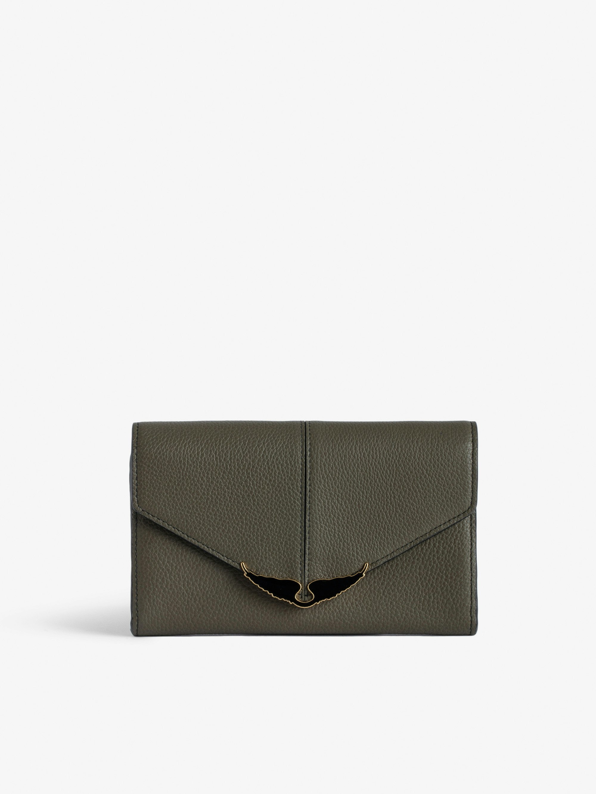 Brieftasche Borderline - Brieftasche aus genarbtem Lackleder in Khaki mit Flügel-Charm für Damen.
