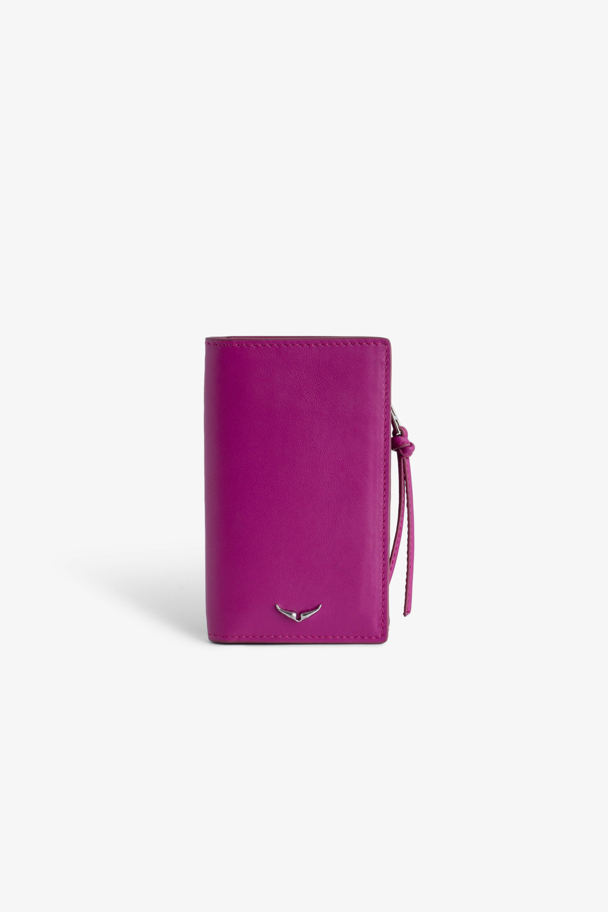 Compact Eternal Card Holder - Fuchsia smooth leather card holder with strap and wings charm.