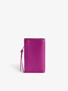 Compact Eternal Card Holder - Fuchsia smooth leather card holder with strap and wings charm.