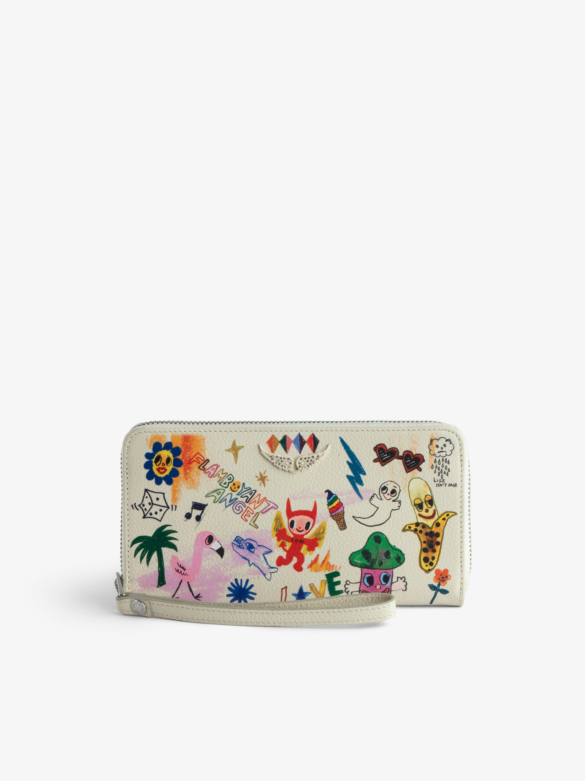 Brieftasche Compagnon - Ecrufarbene Brieftasche aus genarbtem Leder mit Schlaufe und Verzierungen von Humberto Cruz.
