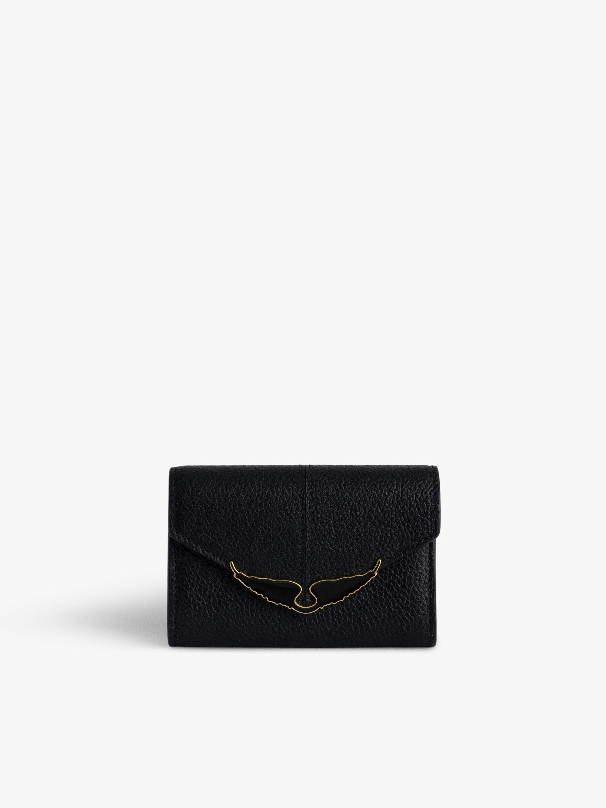 Brieftasche Borderline - Kleine, schwarze Brieftasche aus gnarbtem Leder mit Klappe und lackierten Flügeln.
