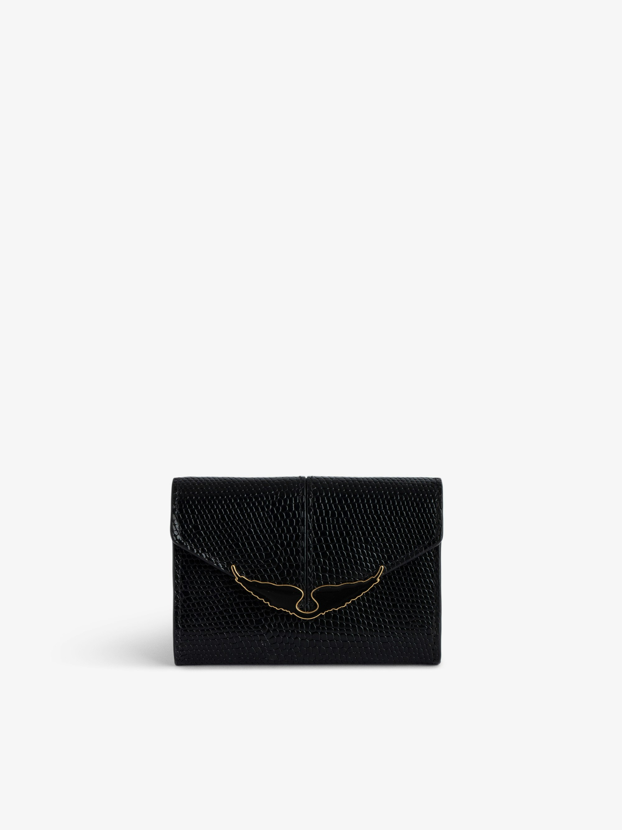 Borderline Embossed Wallet - Small black iguana-embossed leather wallet with flap.