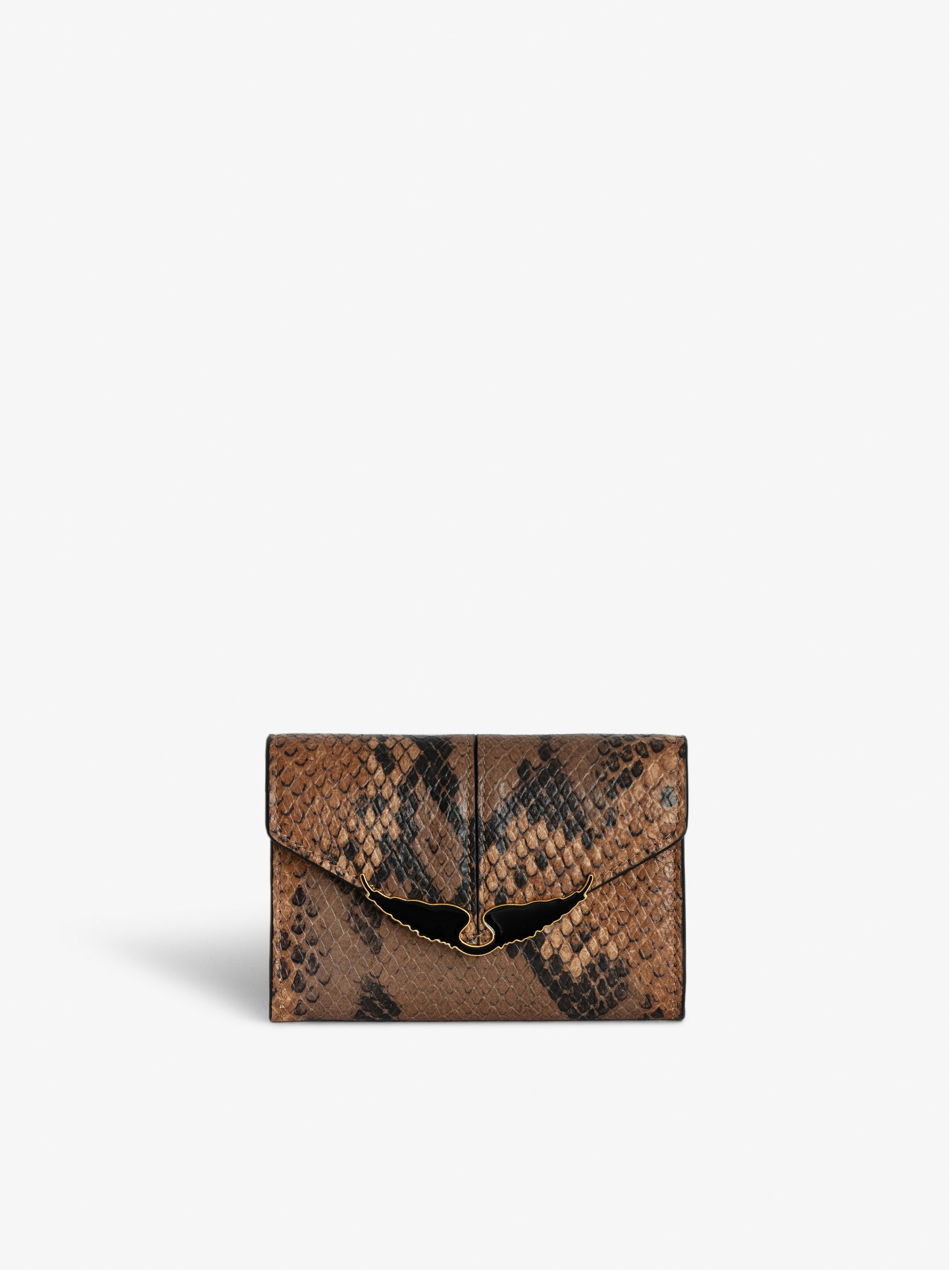 Borderline Wallet - Small brown faux snakeskin leather wallet with flap and wings in gilded metal and black enamel.