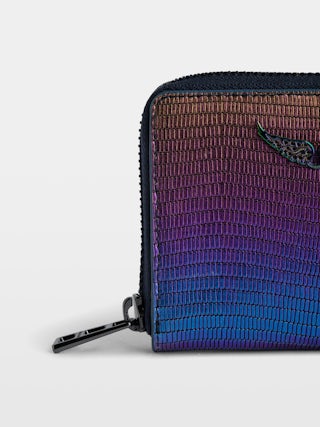 Coin Purse Mini ZV Embossed - Embossed metallic leather coin purse with rhinestone wings charm.
