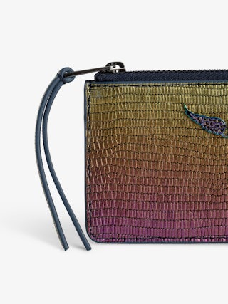 Porte-Cartes ZV Card - Porte-cartes en cuir métallisé embossé effet iguane orné d'un charm ailes à strass.