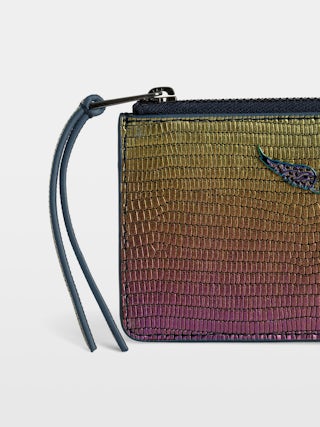 Card Holder ZV Card - Iguana-embossed metallic leather card holder with a Wings charm set with rainbow crystals.