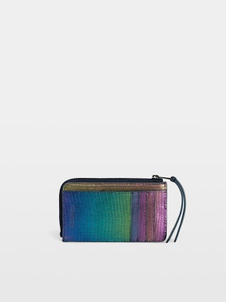 Card Holder ZV Card - Iguana-embossed metallic leather card holder with a Wings charm set with rainbow crystals.