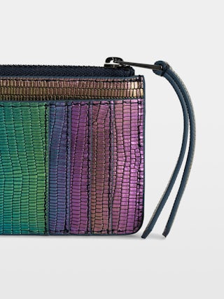 Card Holder ZV Card - Iguana-embossed metallic leather card holder with a Wings charm set with rainbow crystals.