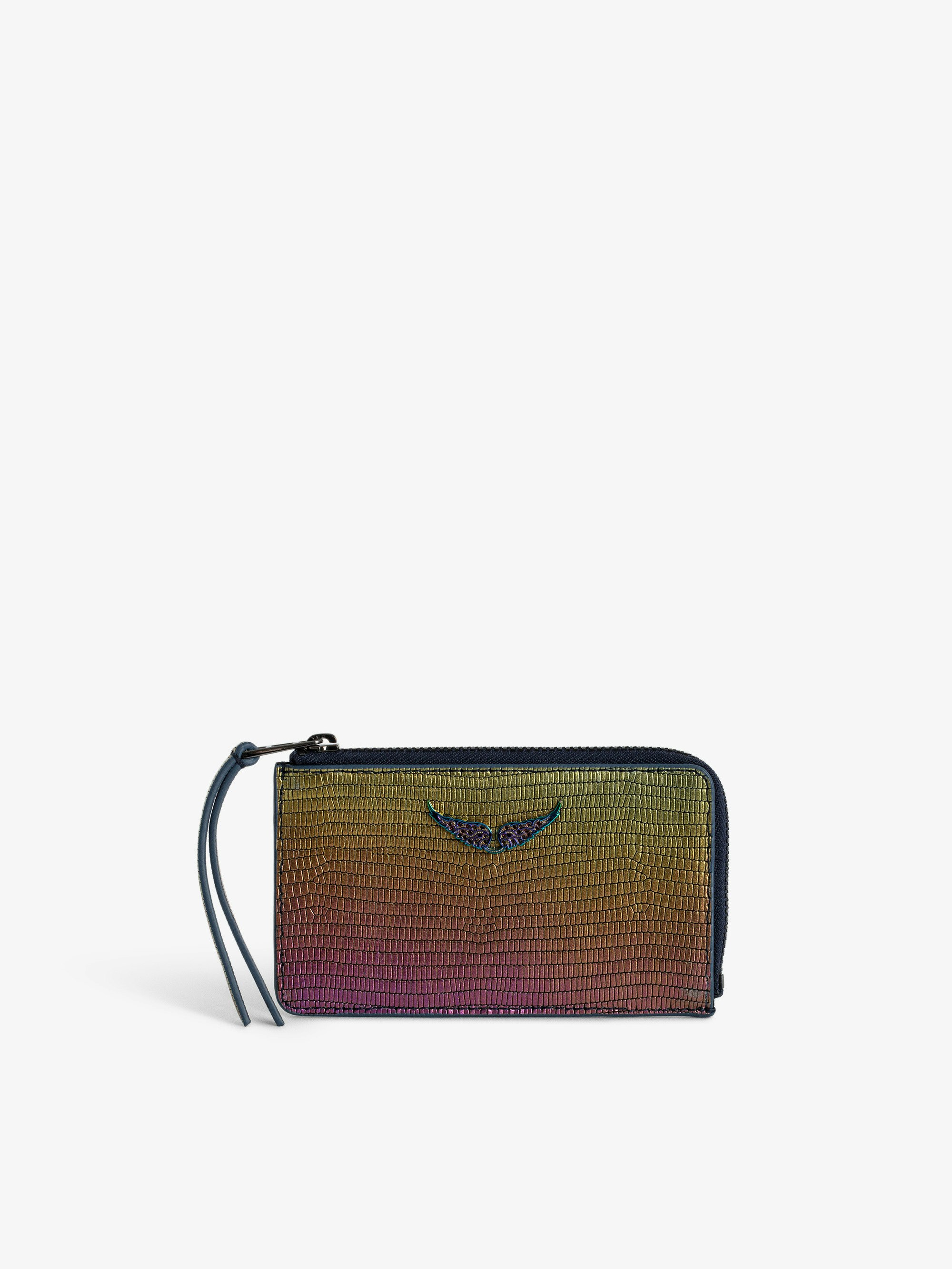 ZV Card Card Holder - Rainbow iguana-embossed metallic leather card holder with diamanté wings charm.
