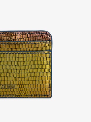 Porte-Cartes ZV Pass Embossé Métallisé - Porte-cartes en cuir métallisé embossé effet iguane arc-en-ciel à charm ailes en strass.
