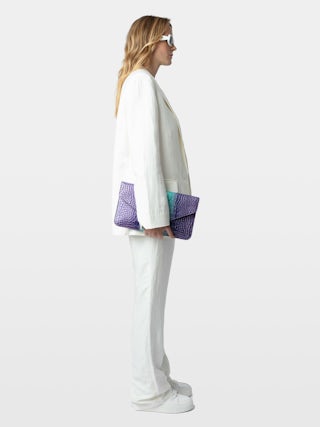 Borderline Embossed Metallic Clutch - Clutch in croc-effect embossed metallic leather with a lacquered wings clasp.