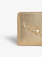 ZV Pass Card Holder - Gold-tone metallic grained leather card holder with embossed wings signature and debossed "We Should Kiss" message.