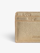 ZV Pass Card Holder - Gold-tone metallic grained leather card holder with embossed wings signature and debossed "We Should Kiss" message.
