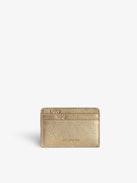 ZV Pass Card Holder - Gold-tone metallic grained leather card holder with embossed wings signature and debossed "We Should Kiss" message.