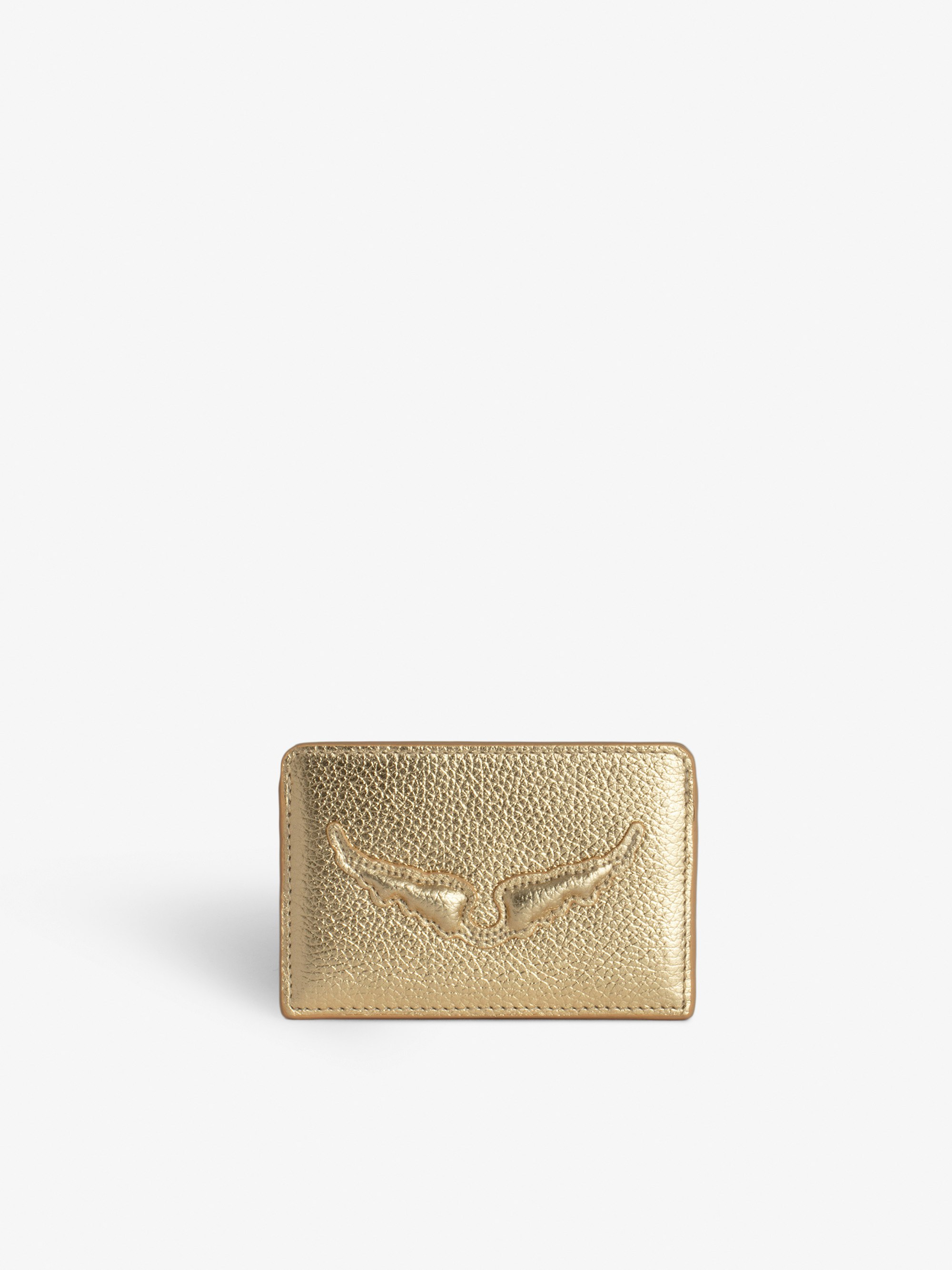 ZV Pass Card Holder - Gold-tone metallic grained leather card holder with embossed wings signature and debossed "We Should Kiss" message.