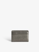 ZV Pass Card Holder - Grey metallic grained leather card holder with embossed wings signature and debossed "We Should Kiss" message.