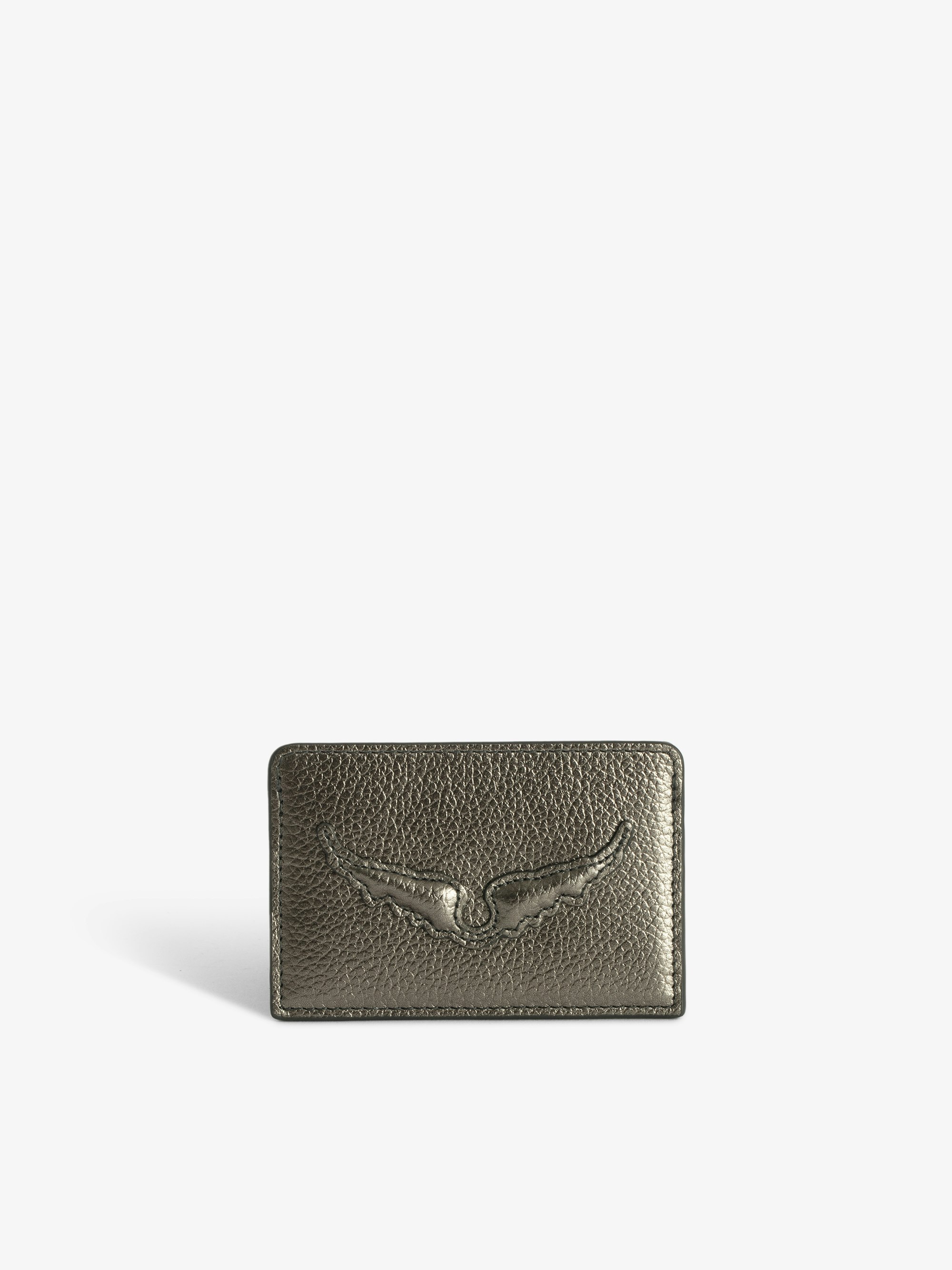 ZV Pass Card Holder - Grey metallic grained leather card holder with embossed wings signature and debossed "Enjoy today" message.