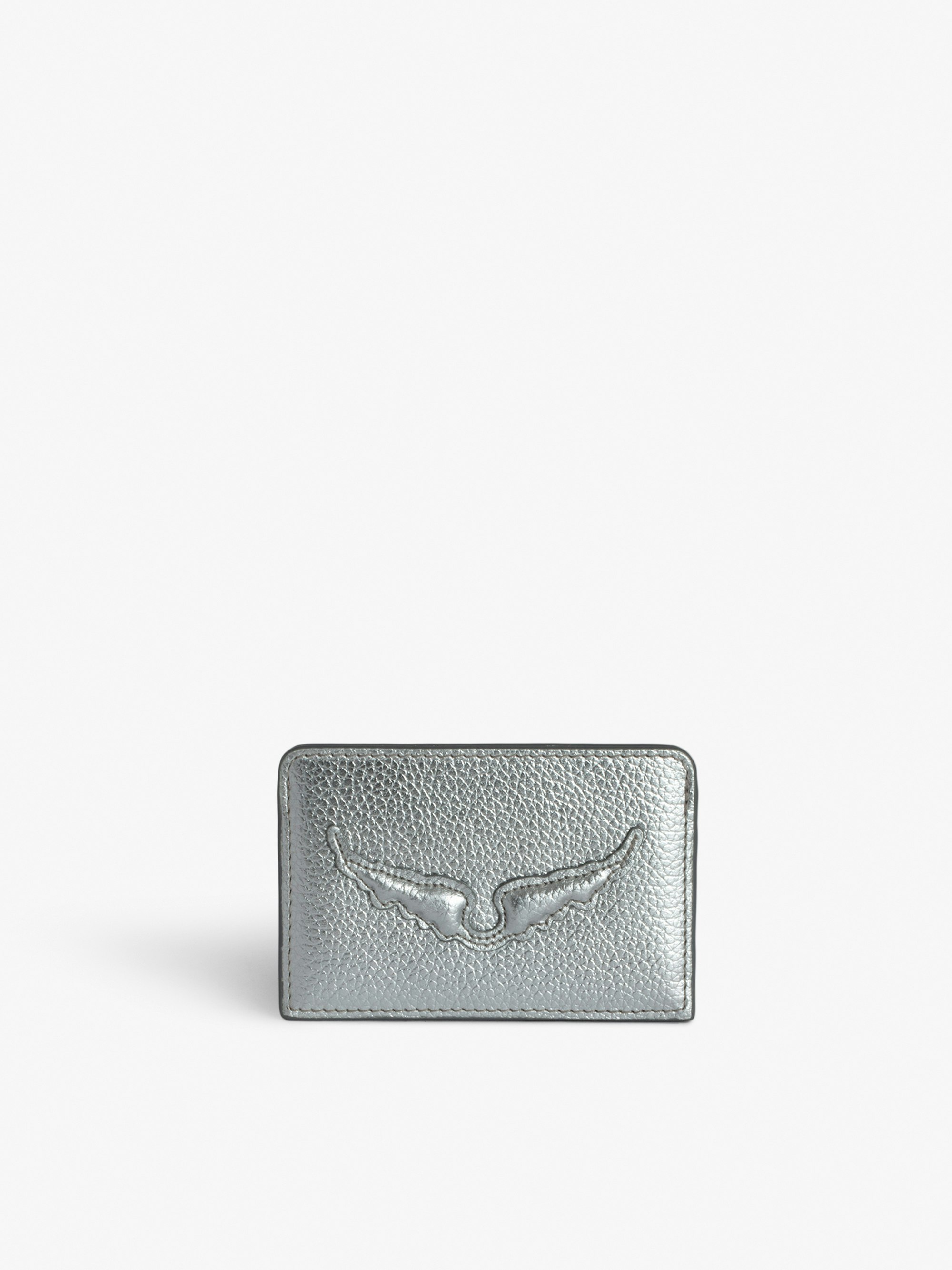 ZV Pass Card Holder - Silver-tone metallic grained leather card holder with embossed wings signature and debossed "We Should Kiss" message.