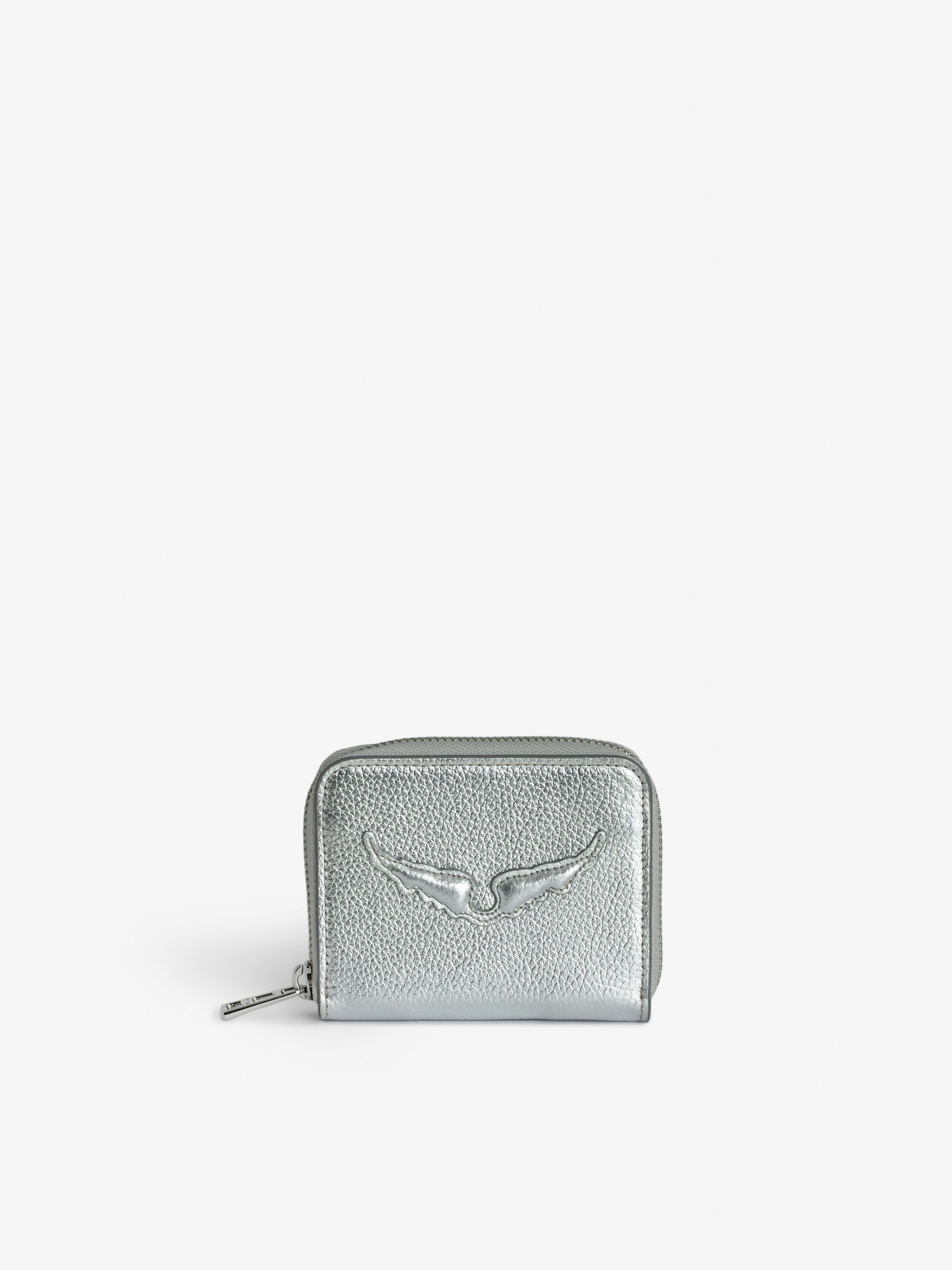 Geldbörse Mini ZV - Portemonnaie aus silberfarbenem, genarbtem Metallic-Leder mit geprägten Signature-Flügeln.