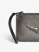 ZV Card Card Holder - Grey metallic grained leather card holder with embossed wings signature and debossed "We Should Kiss" message.