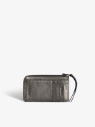 ZV Card Card Holder - Grey metallic grained leather card holder with embossed wings signature and debossed "We Should Kiss" message.