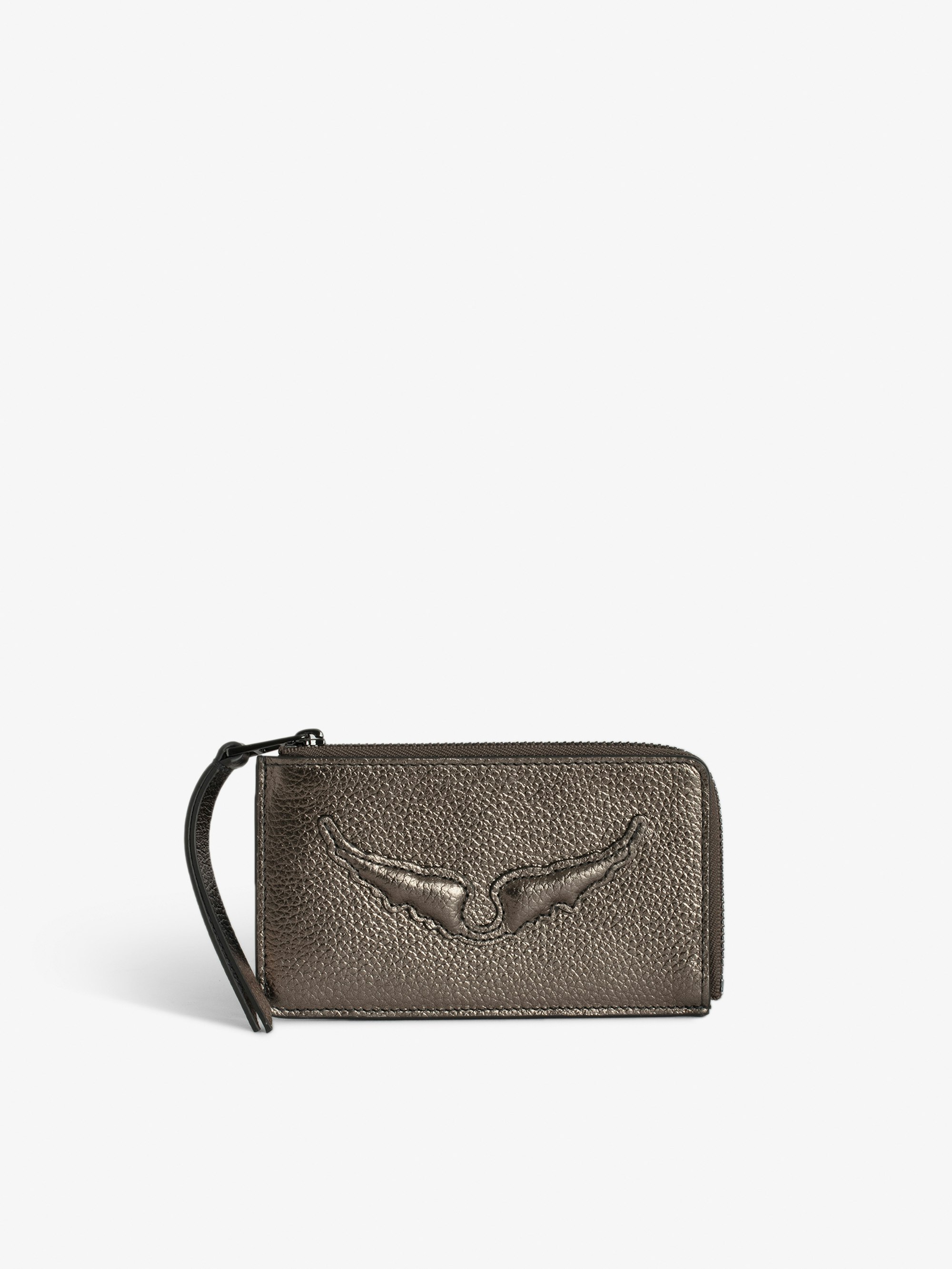 ZV Card Card Holder - Grey metallic grained leather card holder with embossed wings signature and debossed "Love yourself" message.