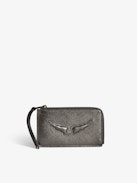 ZV Card Card Holder - Grey metallic grained leather card holder with embossed wings signature and debossed "We Should Kiss" message.