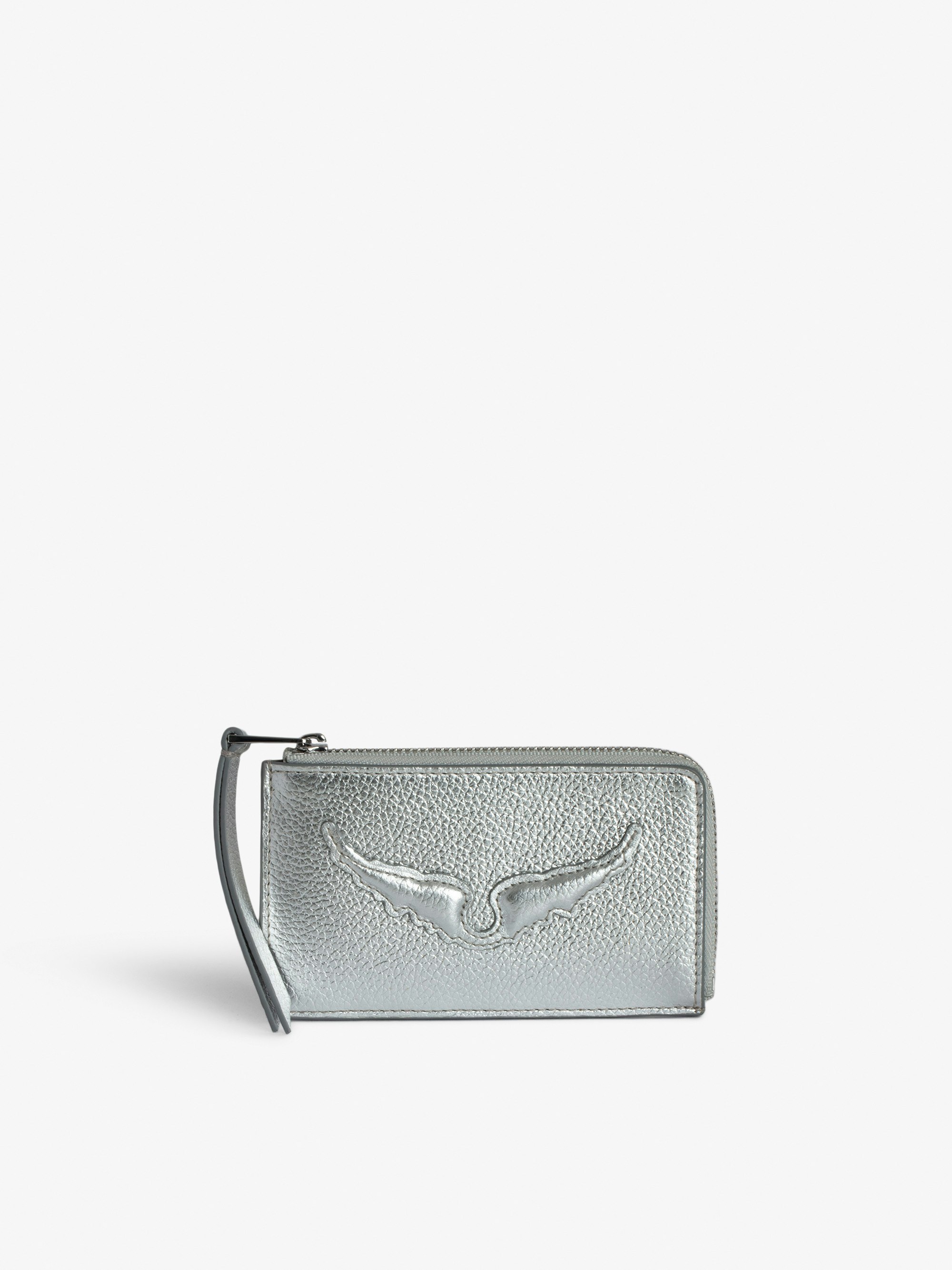 ZV Card Card Holder - Silver-tone metallic grained leather card holder with embossed wings signature and debossed "We Should Kiss" message.