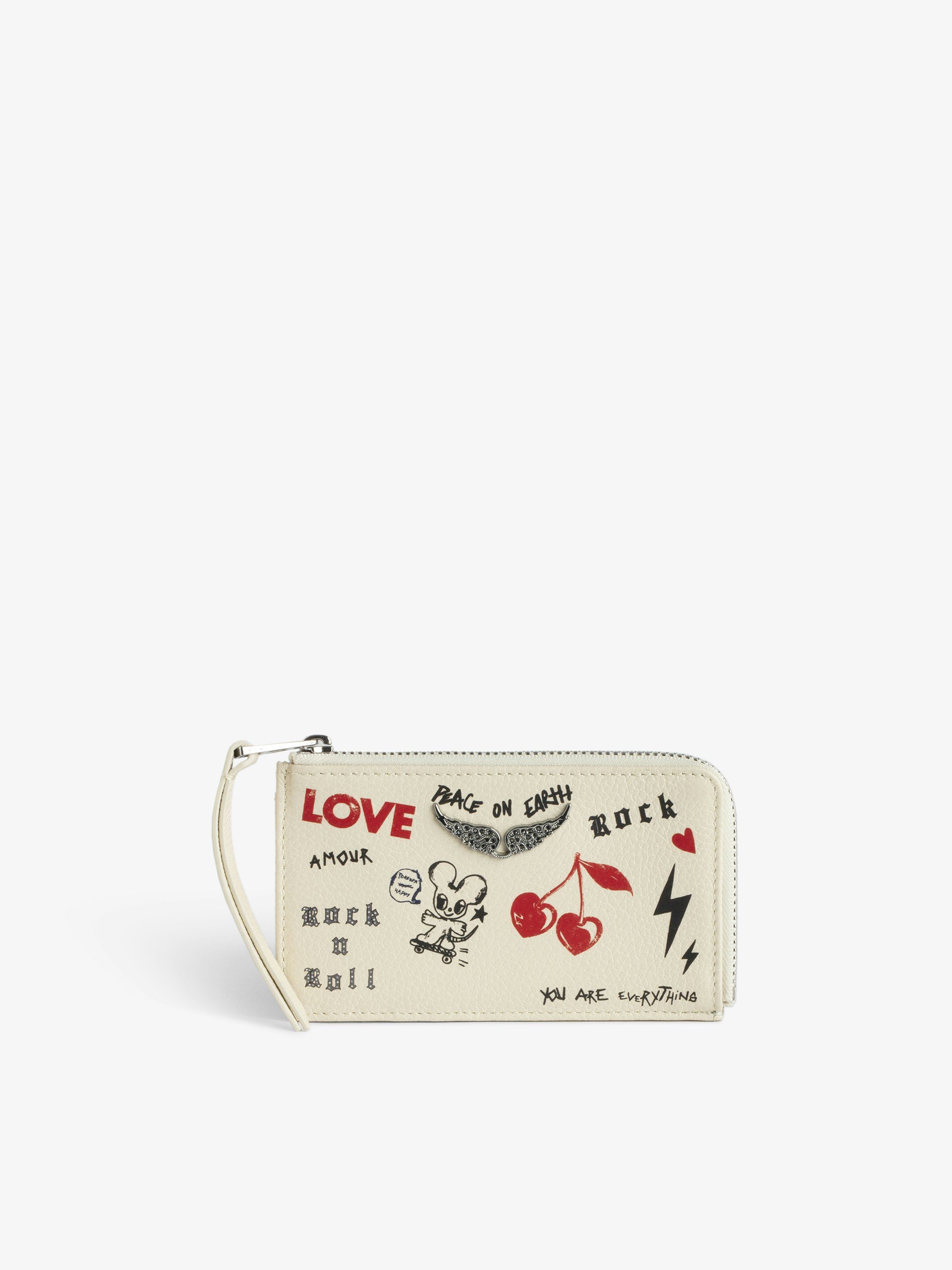 ZV Card Cardholder - Grained leather cardholder with Love Tag print, adorned with signature metal wings.