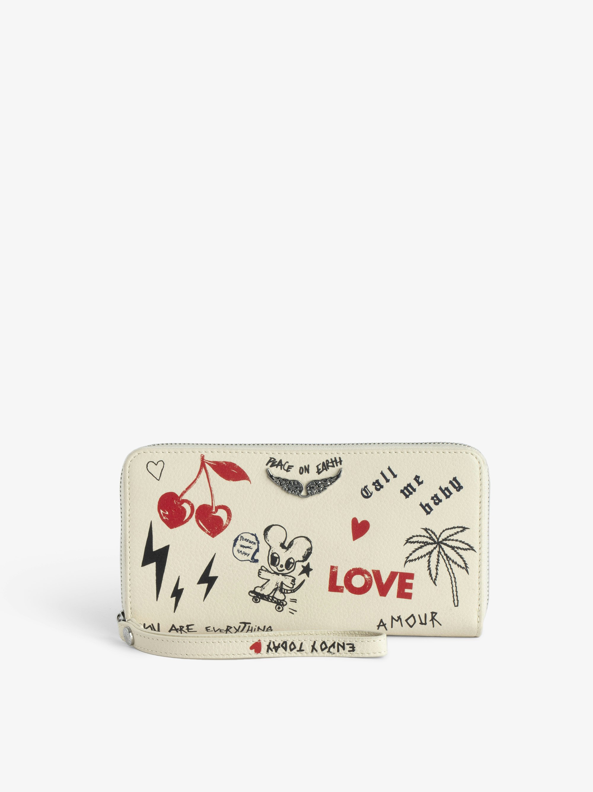 Cartera Compañero - Cartera en piel granulada con estampado Love Tag, adornada con las alas metálicas emblemáticas de strass.