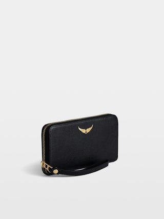 Compagnon Wallet - Black grained leather wallet with wings charm.