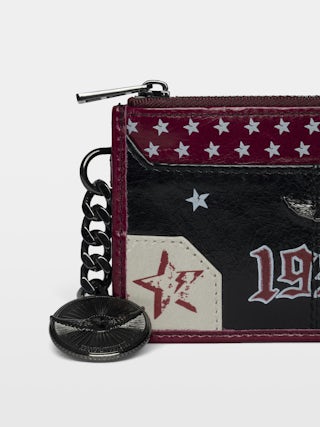 Sunny Card Punk Kartenhalter - Kartenhalter aus Lackleder mit Vintage-inspiriertem Effekt, Medaillon und Flügel-Signaturen.